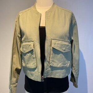 Nicole Miller New York sage  green 100% cotton cropped denim zip jacket size M